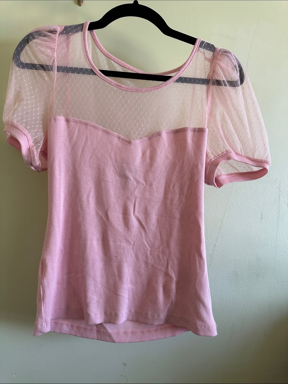 Anthropologie Pale Pink Mesh Yoke Puff Sleeve Top